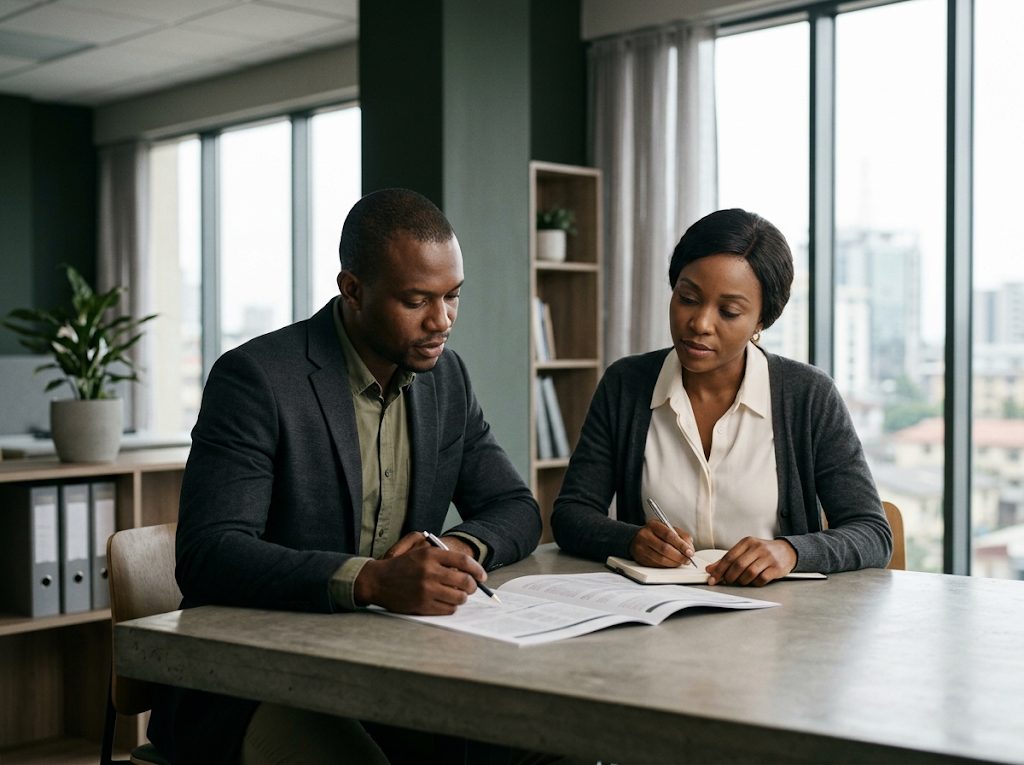 Two colleagues reviewing documents together