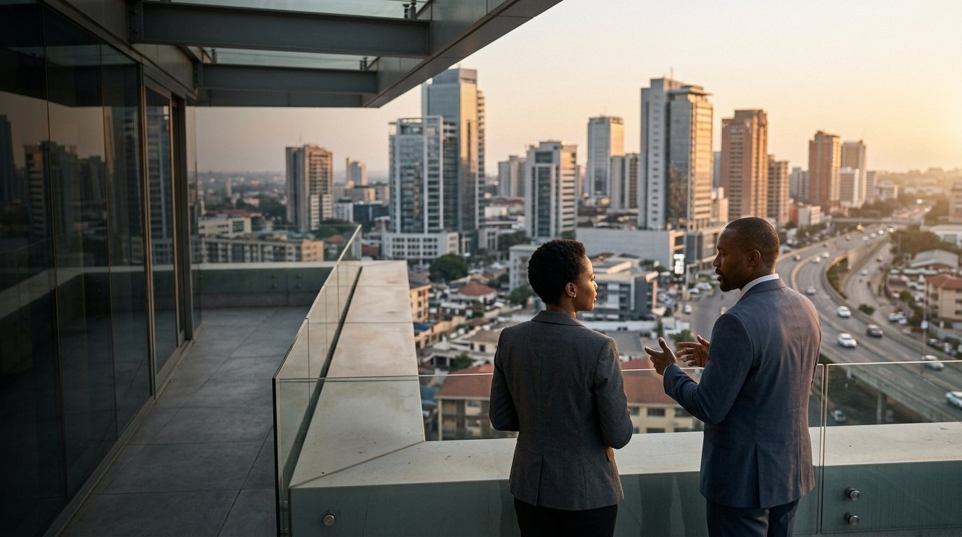 Two colleagues discussing strategy overlooking the city