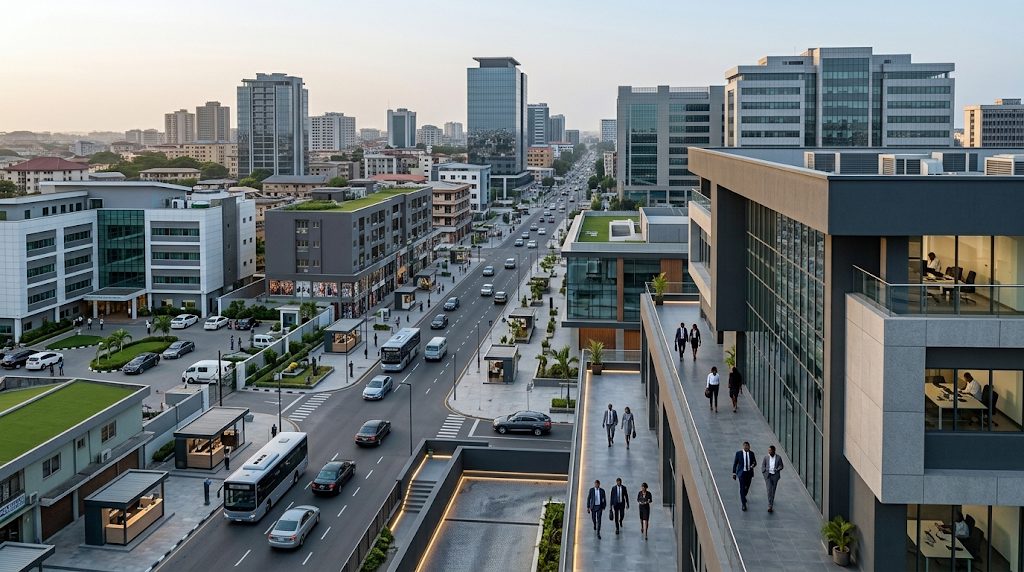 Aerial view of a business district