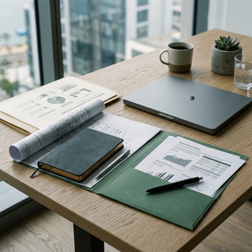 Notebook and plans laid out on a desk