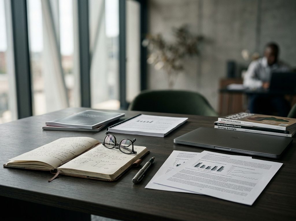 Desk with business reading material and notes